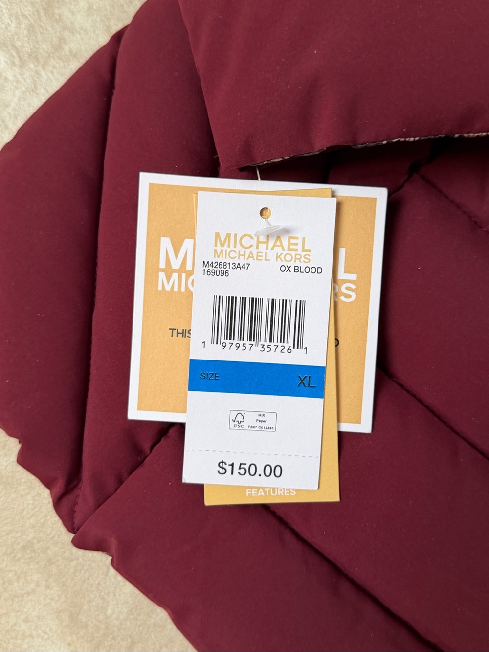 NWT Michael Kors Women's Burgundy Quilted Hooded Puffer Jacket Size XL - Picture 4 of 6
